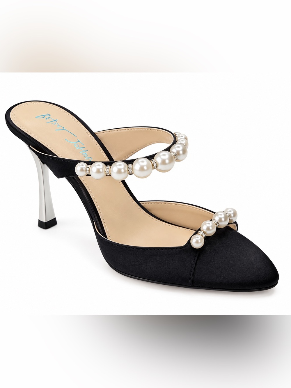 Betsey Johnson Black Satin Pearl Embellished Heels Size 6.5 Slip On Shoes NIB